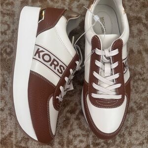 Michael Kors monogram sneakers platform chunky tennis shoes brown white gold